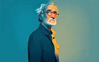 An illustrated older man with white hair, beard, and glasses stands in front of a blue-green background, looking upward with a thoughtful expression, wearing a collared shirt and jacket.