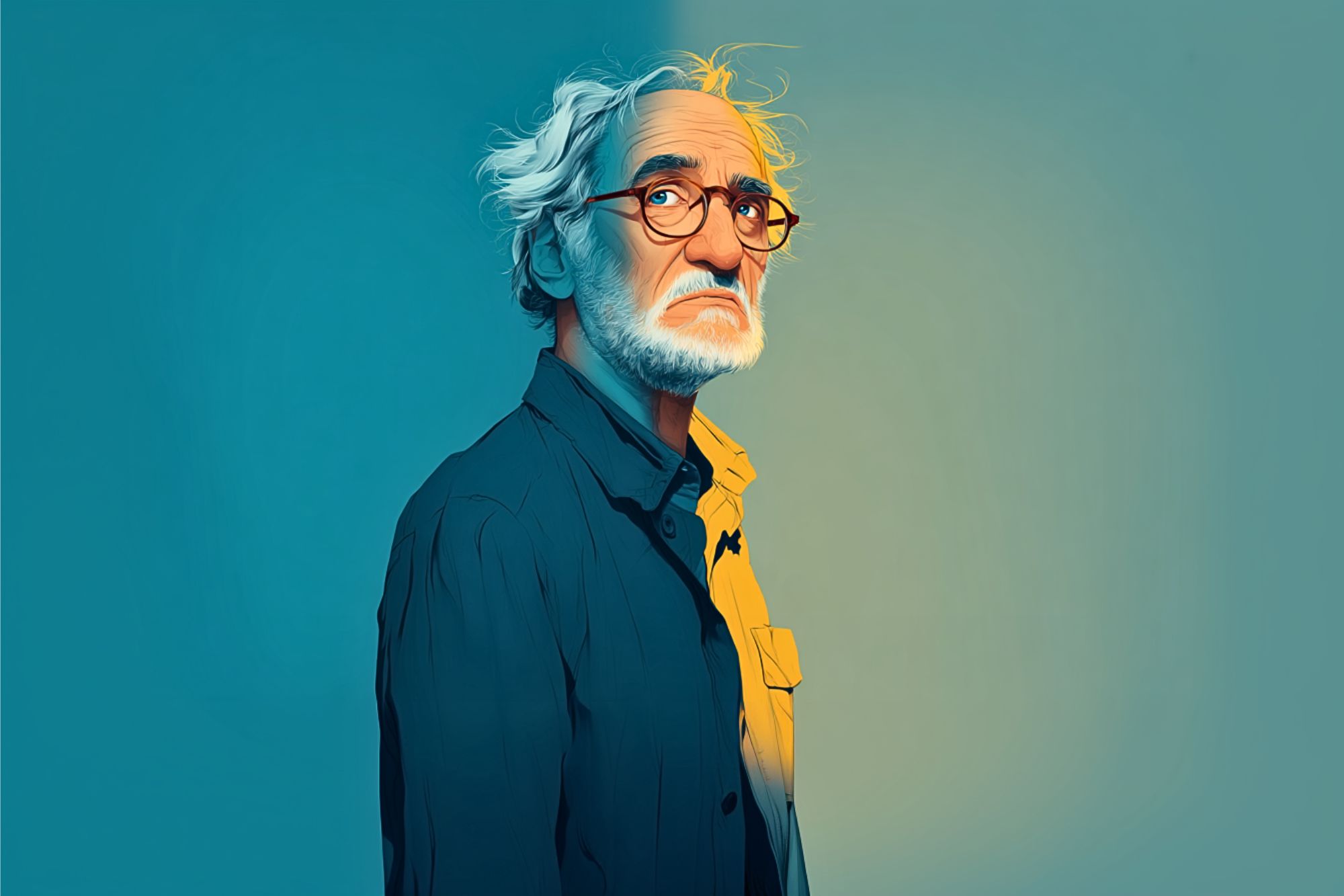 An illustrated older man with white hair, beard, and glasses stands in front of a blue-green background, looking upward with a thoughtful expression, wearing a collared shirt and jacket.