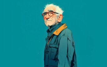 An illustrated elderly man with white hair and glasses, wearing a dark jacket with a brown collar, stands against a teal background, looking thoughtfully into the distance.