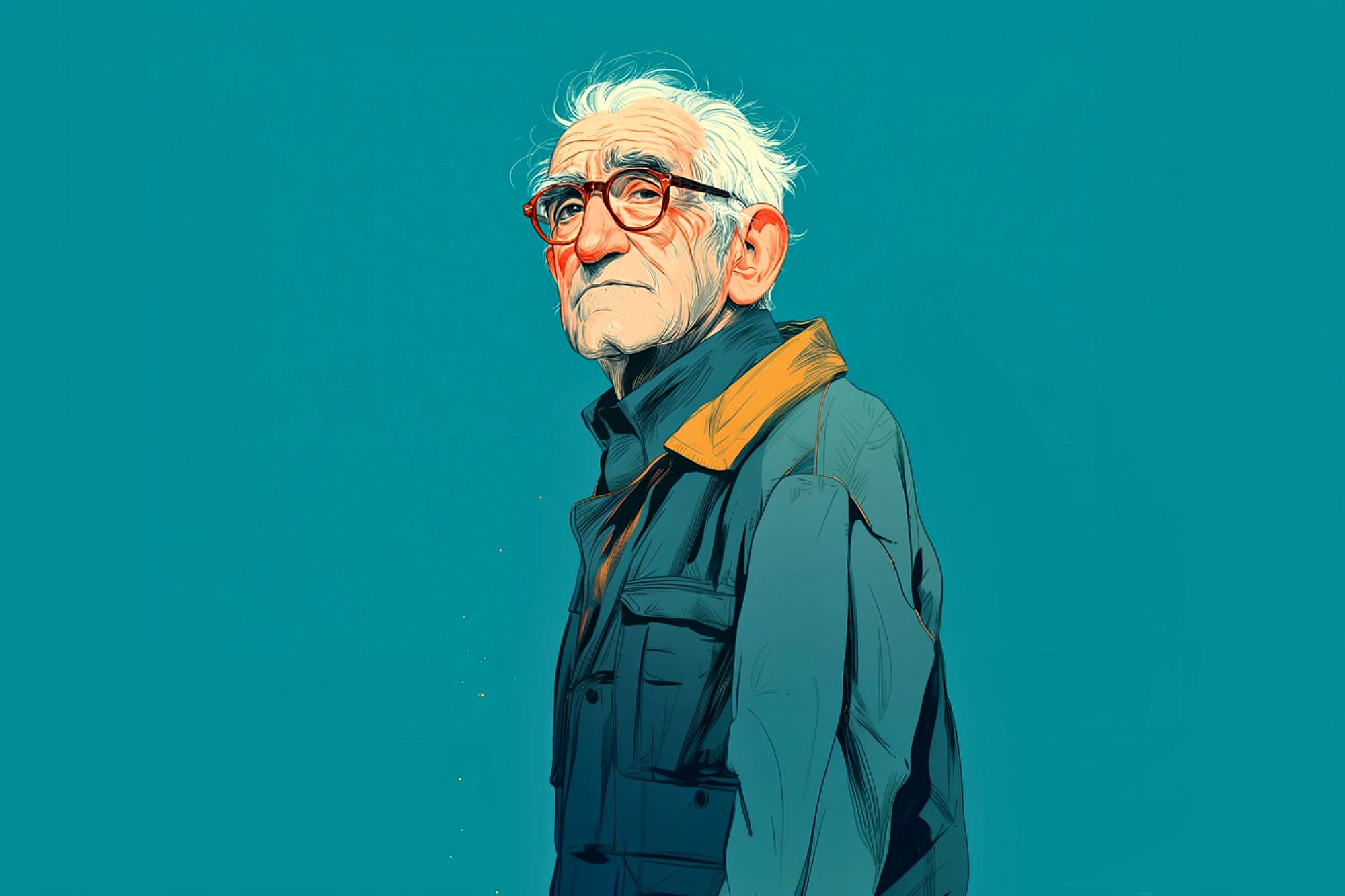 An illustrated elderly man with white hair and glasses, wearing a dark jacket with a brown collar, stands against a teal background, looking thoughtfully into the distance.