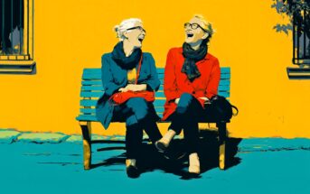 Two women sit on a blue bench against a bright yellow wall, laughing together. Both wear scarves and glasses; one is in a blue coat, the other in a red coat. Sunlight casts shadows, creating a cheerful outdoor scene.