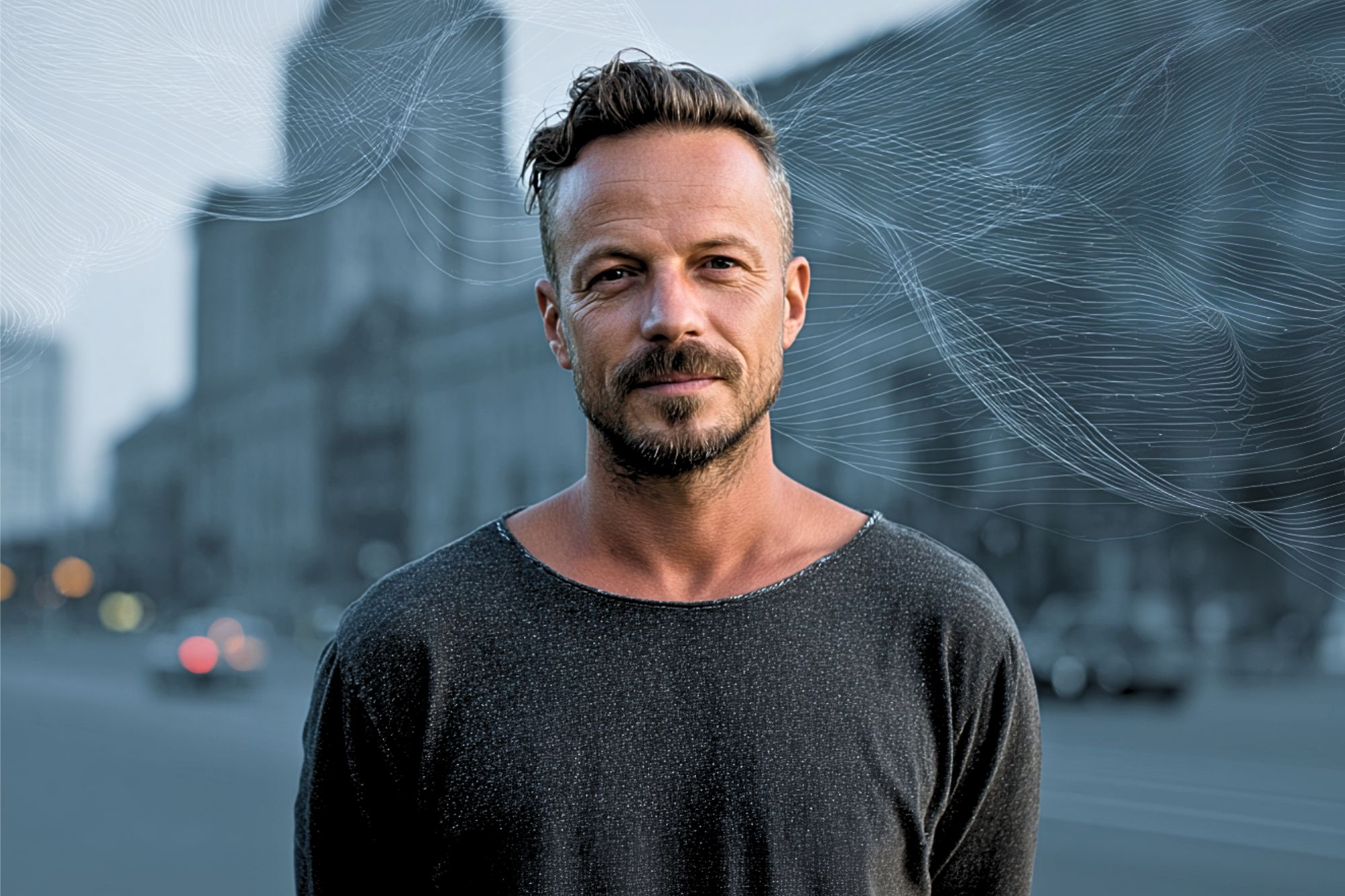 A man with short hair and a beard stands outside on a city street, wearing a dark long-sleeve shirt. The background is blurred, showing large buildings and light traffic at dusk.