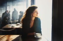 A woman with wavy hair sits alone at a café table with a cup of coffee, gazing out a sunlit window. Other people are seen in the background, creating a calm, contemplative atmosphere.
