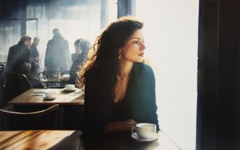 A woman with wavy hair sits alone at a café table with a cup of coffee, gazing out a sunlit window. Other people are seen in the background, creating a calm, contemplative atmosphere.