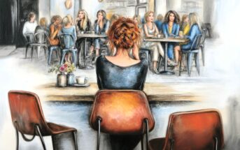 A woman with red hair sits alone at a counter, facing a group of people socializing at a large table in a bright, modern café. Three empty chairs are beside her, and flowers and teacups are on the counter.