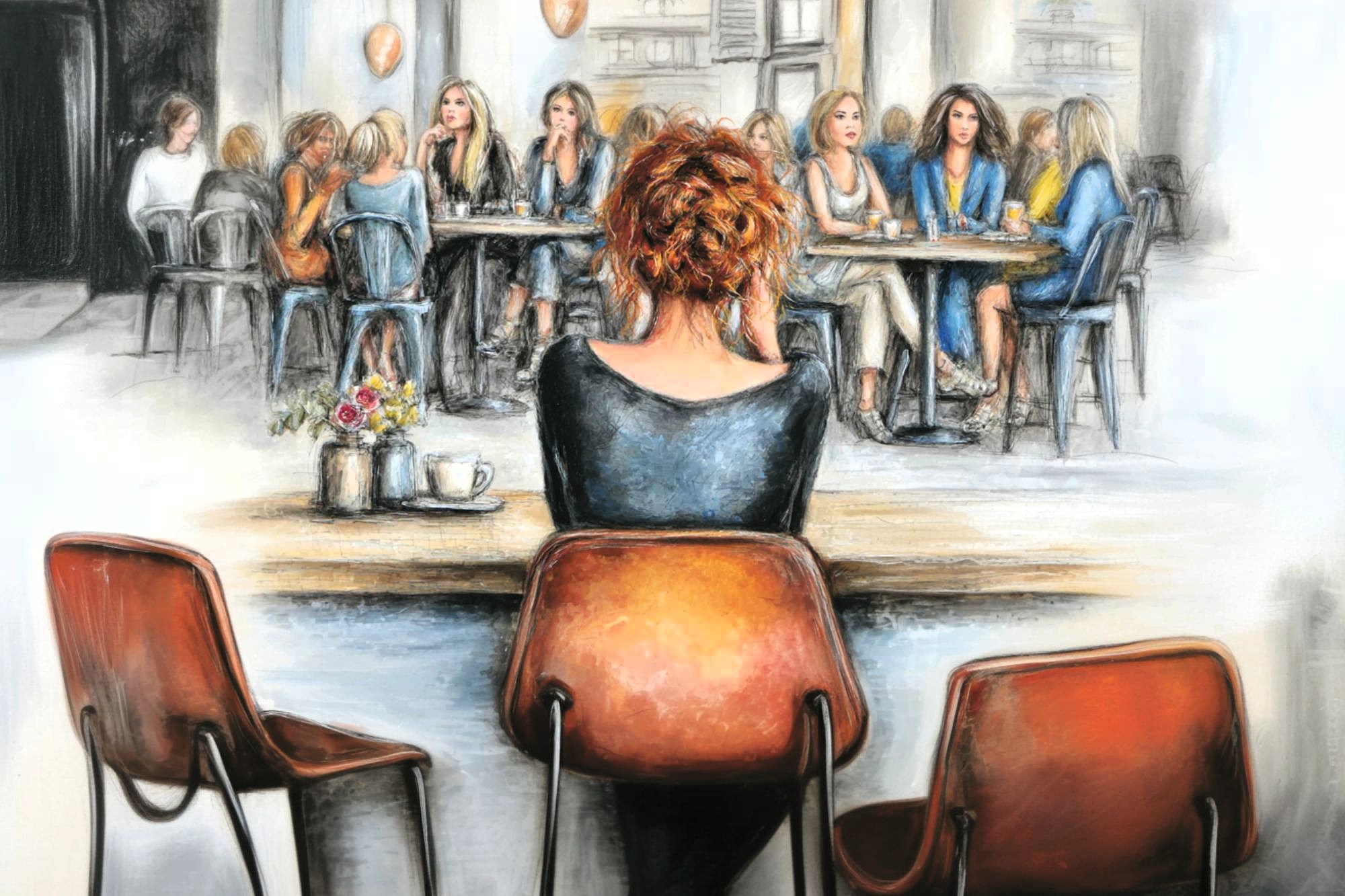 A woman with red hair sits alone at a counter, facing a group of people socializing at a large table in a bright, modern café. Three empty chairs are beside her, and flowers and teacups are on the counter.