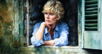 A woman with short blonde hair leans on a windowsill, resting her chin on her hand and looking thoughtfully outside. She wears a light blue shirt and is framed by an open, weathered window with green shutters.