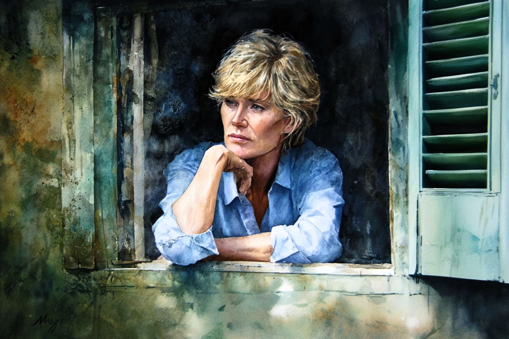A woman with short blonde hair leans on a windowsill, resting her chin on her hand and looking thoughtfully outside. She wears a light blue shirt and is framed by an open, weathered window with green shutters.