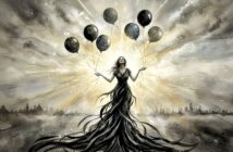 A woman in a flowing black dress holds black balloons, standing against a dramatic, radiant sky with cityscape silhouettes in the background. Light beams radiate outward, creating a surreal and powerful effect.