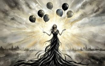 A woman in a flowing black dress holds black balloons, standing against a dramatic, radiant sky with cityscape silhouettes in the background. Light beams radiate outward, creating a surreal and powerful effect.