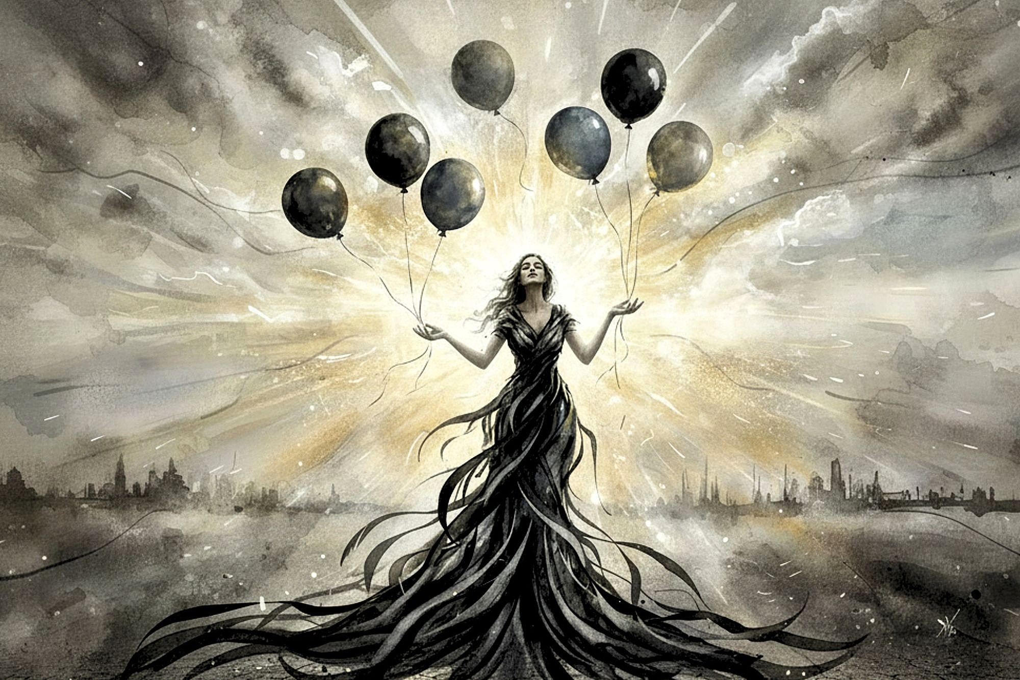 A woman in a flowing black dress holds black balloons, standing against a dramatic, radiant sky with cityscape silhouettes in the background. Light beams radiate outward, creating a surreal and powerful effect.
