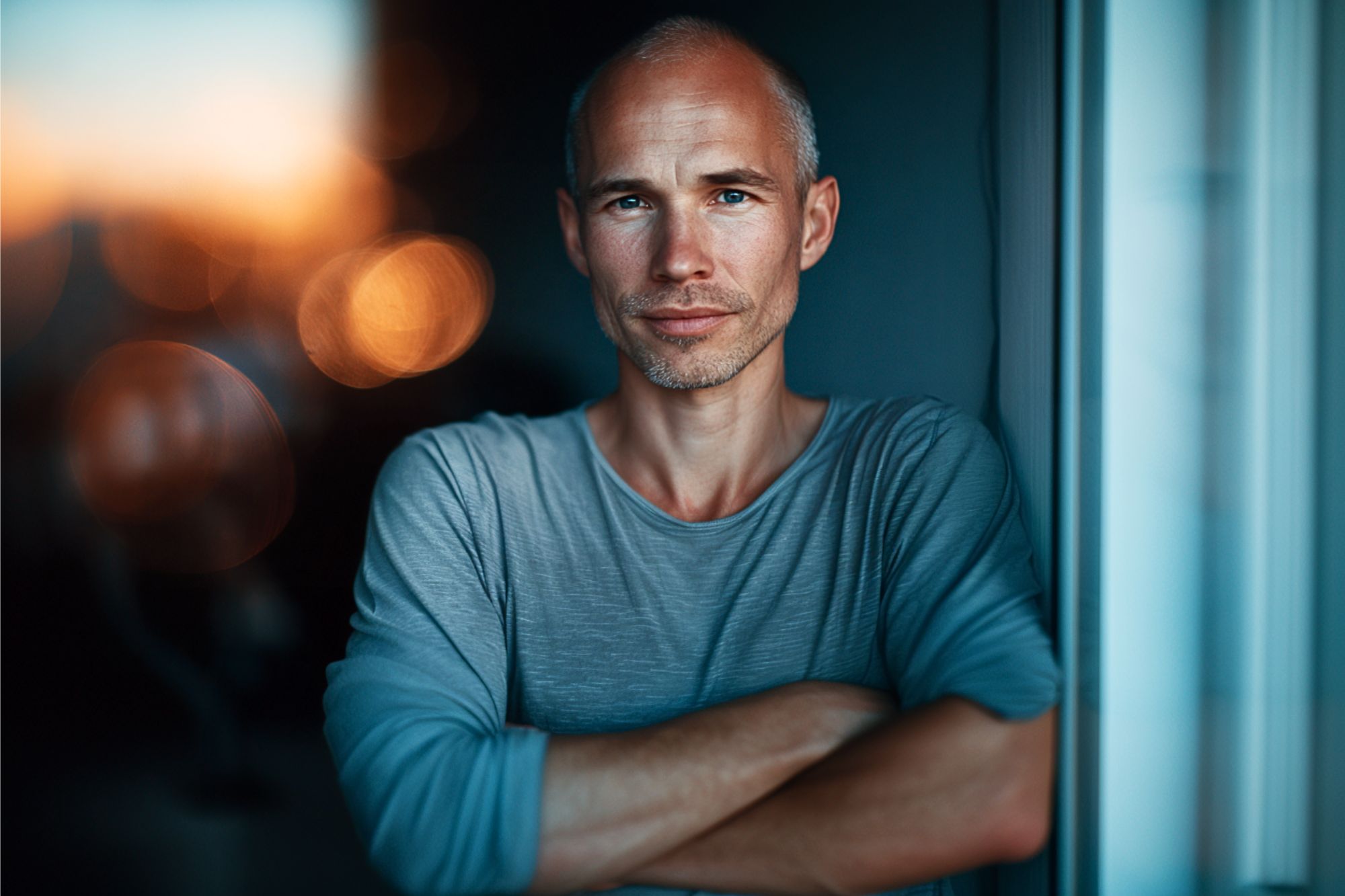 A man with short hair and a trimmed beard stands indoors with arms crossed, wearing a gray shirt. Warm lights are blurred in the background, creating a soft, relaxed atmosphere.
