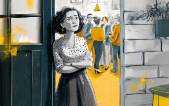 An anxious woman stands alone by an open door, arms crossed, looking at a lively group of people socializing inside a warmly lit room. The illustration uses mostly gray tones with yellow highlights.