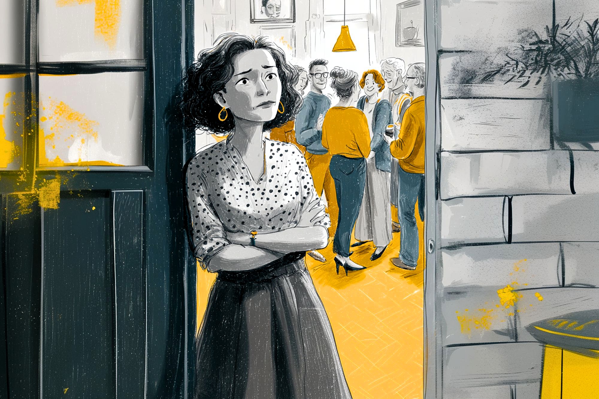 An anxious woman stands alone by an open door, arms crossed, looking at a lively group of people socializing inside a warmly lit room. The illustration uses mostly gray tones with yellow highlights.