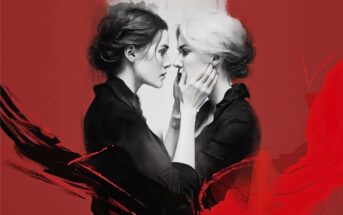 Two women face each other closely, one gently holding the other’s chin. The image is in black and white with a bold red background and expressive black and red brushstrokes surrounding them.
