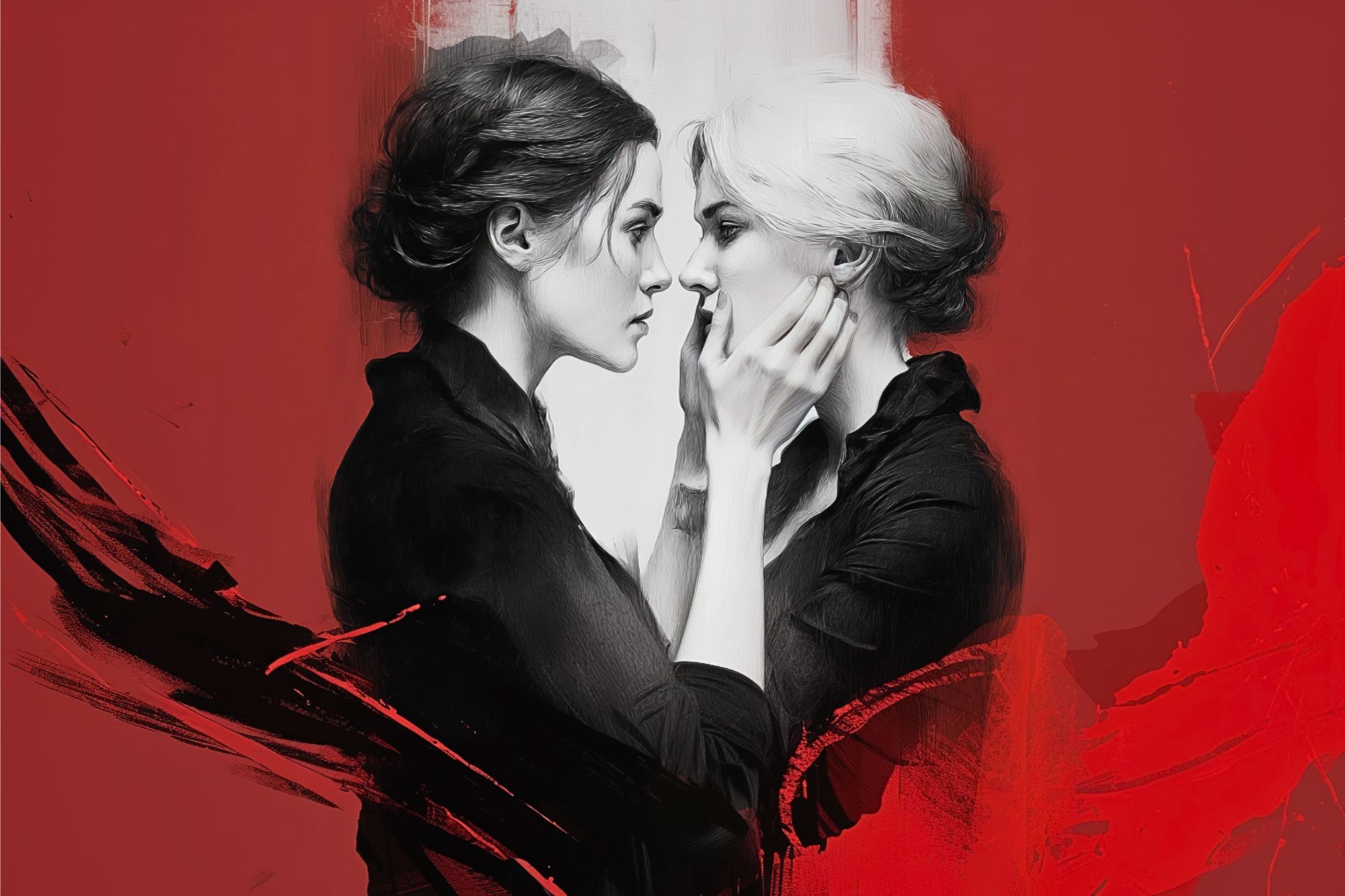Two women face each other closely, one gently holding the other’s chin. The image is in black and white with a bold red background and expressive black and red brushstrokes surrounding them.