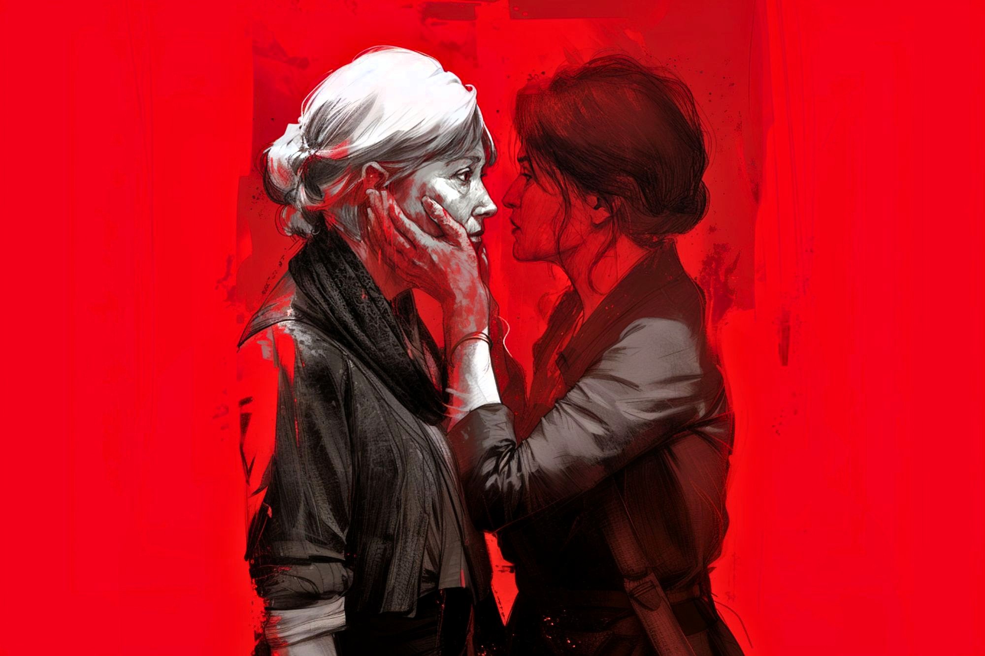 Two women stand close together against a vivid red background. One gently holds the other's face with both hands, their expressions intense and intimate, suggesting a deep emotional connection between them.