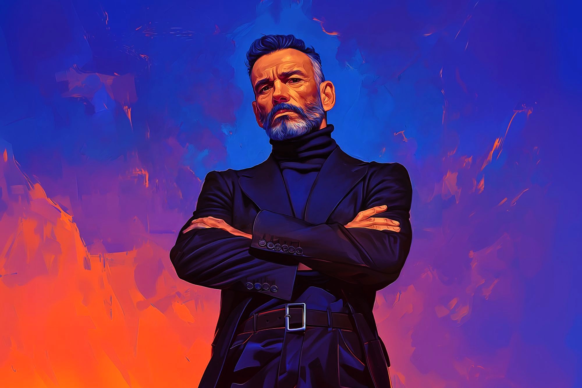 A confident man with a gray beard and mustache stands with arms crossed, wearing a dark suit and turtleneck, against a vibrant, abstract background of blue and orange hues.