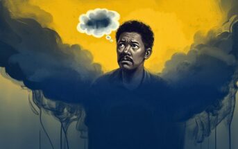 A man with a worried expression stands surrounded by dark clouds, with a thought bubble above his head, set against a yellow background, symbolizing anxiety or troubled thoughts.
