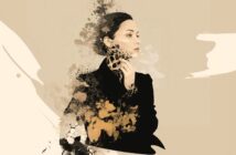 A digital painting of a woman in a black coat with her hand near her neck, surrounded by abstract splashes of black, brown, and beige, blending her figure into the background. The overall color palette is muted and earthy.