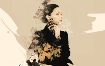A digital painting of a woman in a black coat with her hand near her neck, surrounded by abstract splashes of black, brown, and beige, blending her figure into the background. The overall color palette is muted and earthy.