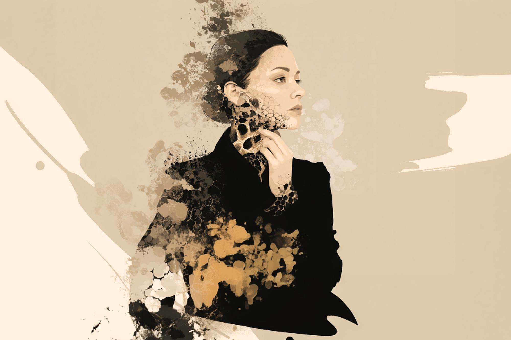 A digital painting of a woman in a black coat with her hand near her neck, surrounded by abstract splashes of black, brown, and beige, blending her figure into the background. The overall color palette is muted and earthy.