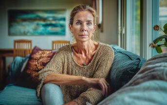 A woman with light hair sits on a blue couch near a window, looking directly at the camera. She wears a tan sweater and light pants. The background includes a blurred painting and wooden chairs.