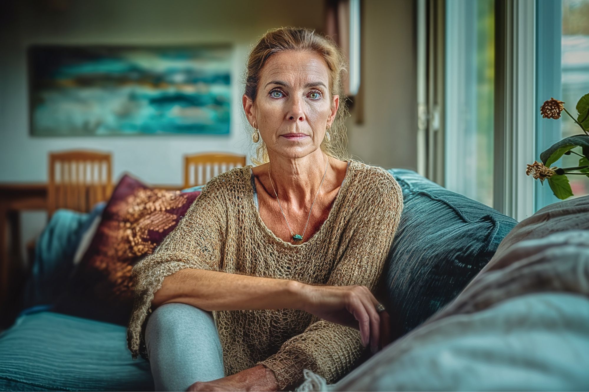 A woman with light hair sits on a blue couch near a window, looking directly at the camera. She wears a tan sweater and light pants. The background includes a blurred painting and wooden chairs.