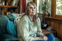 An older woman with long hair, wearing a light sweater and jeans, sits on a couch in a cozy living room with wooden walls and large windows, looking thoughtfully at the camera.