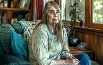 An older woman with long hair, wearing a light sweater and jeans, sits on a couch in a cozy living room with wooden walls and large windows, looking thoughtfully at the camera.