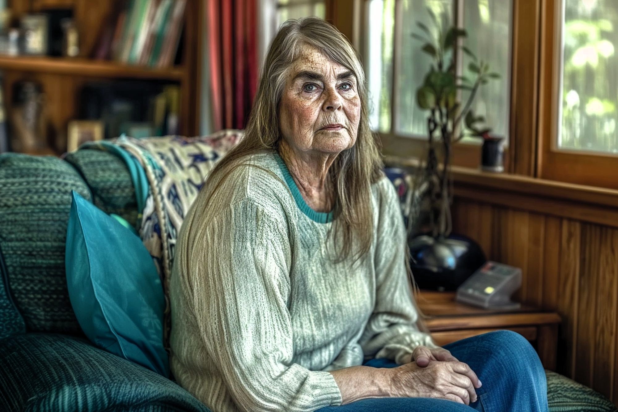 An older woman with long hair, wearing a light sweater and jeans, sits on a couch in a cozy living room with wooden walls and large windows, looking thoughtfully at the camera.