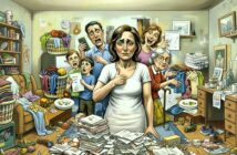 A stressed woman stands in a messy room piled with laundry, dishes, papers, and toys. Family members urgently seek her help, while chaos and clutter surround them, highlighting the pressure of household responsibilities.
