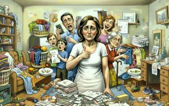 A stressed woman stands in a messy room piled with laundry, dishes, papers, and toys. Family members urgently seek her help, while chaos and clutter surround them, highlighting the pressure of household responsibilities.