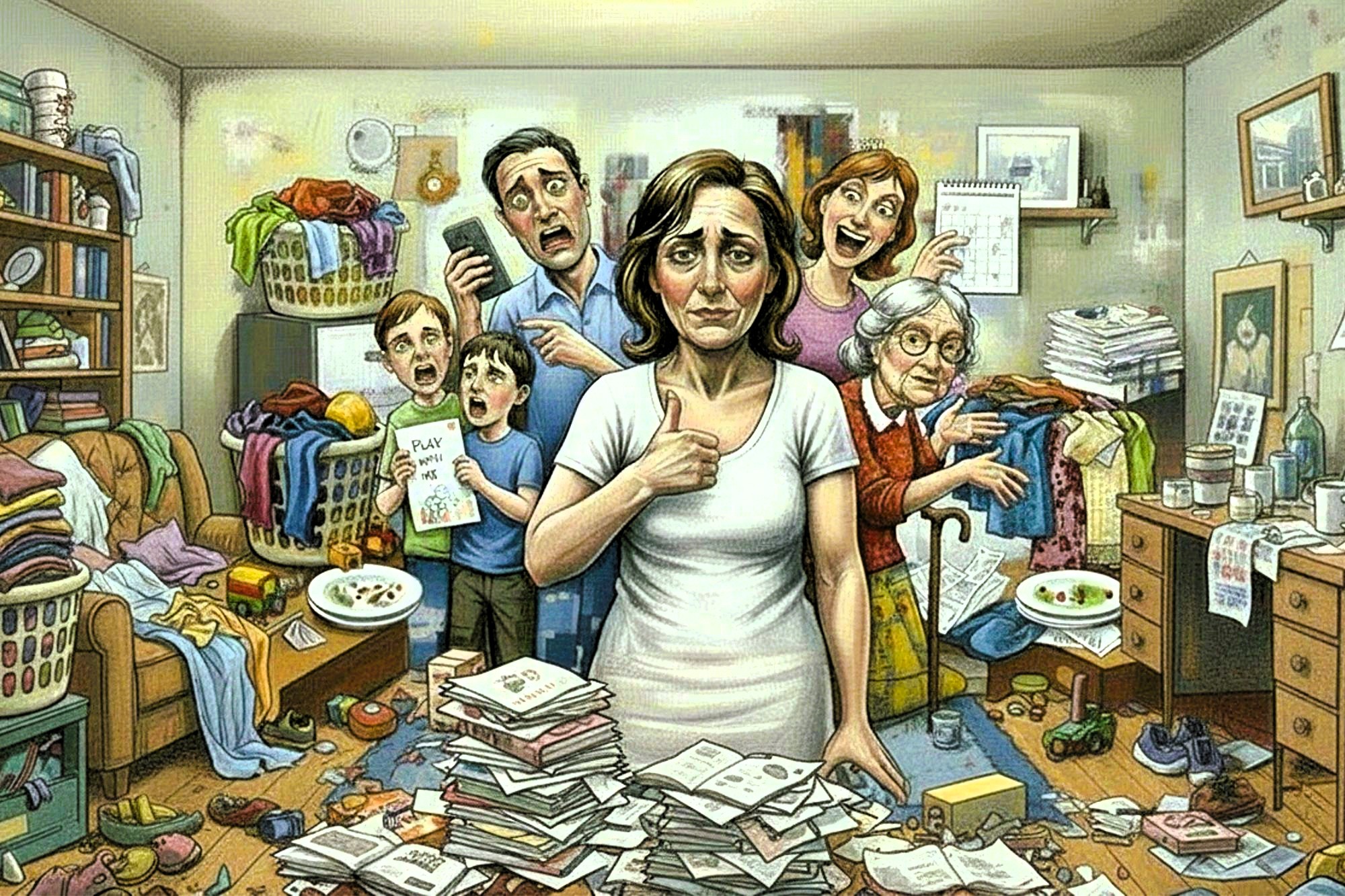 A stressed woman stands in a messy room piled with laundry, dishes, papers, and toys. Family members urgently seek her help, while chaos and clutter surround them, highlighting the pressure of household responsibilities.