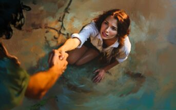 A woman kneels on the ground, reaching up as another person extends a hand to help her. She looks up with a hopeful expression, grasping the offered hand. The scene is bathed in warm, dramatic lighting.
