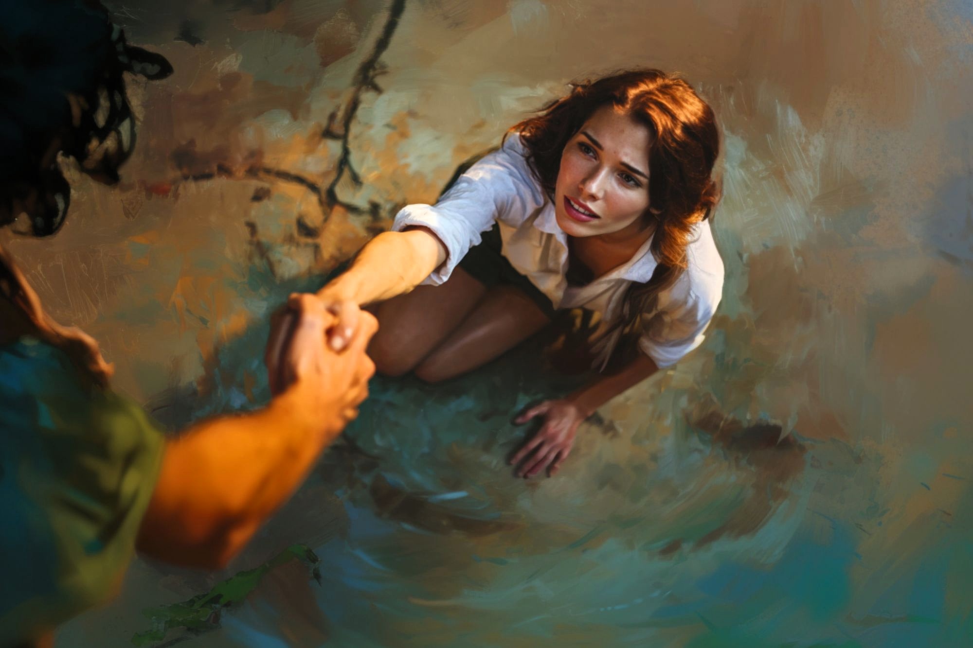 A woman kneels on the ground, reaching up as another person extends a hand to help her. She looks up with a hopeful expression, grasping the offered hand. The scene is bathed in warm, dramatic lighting.