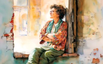 An older woman with curly hair and glasses sits on a windowsill, arms crossed, looking outside. She wears a colorful scarf and loose clothes. Sunlight streams through the open window, illuminating her and the faded wall.