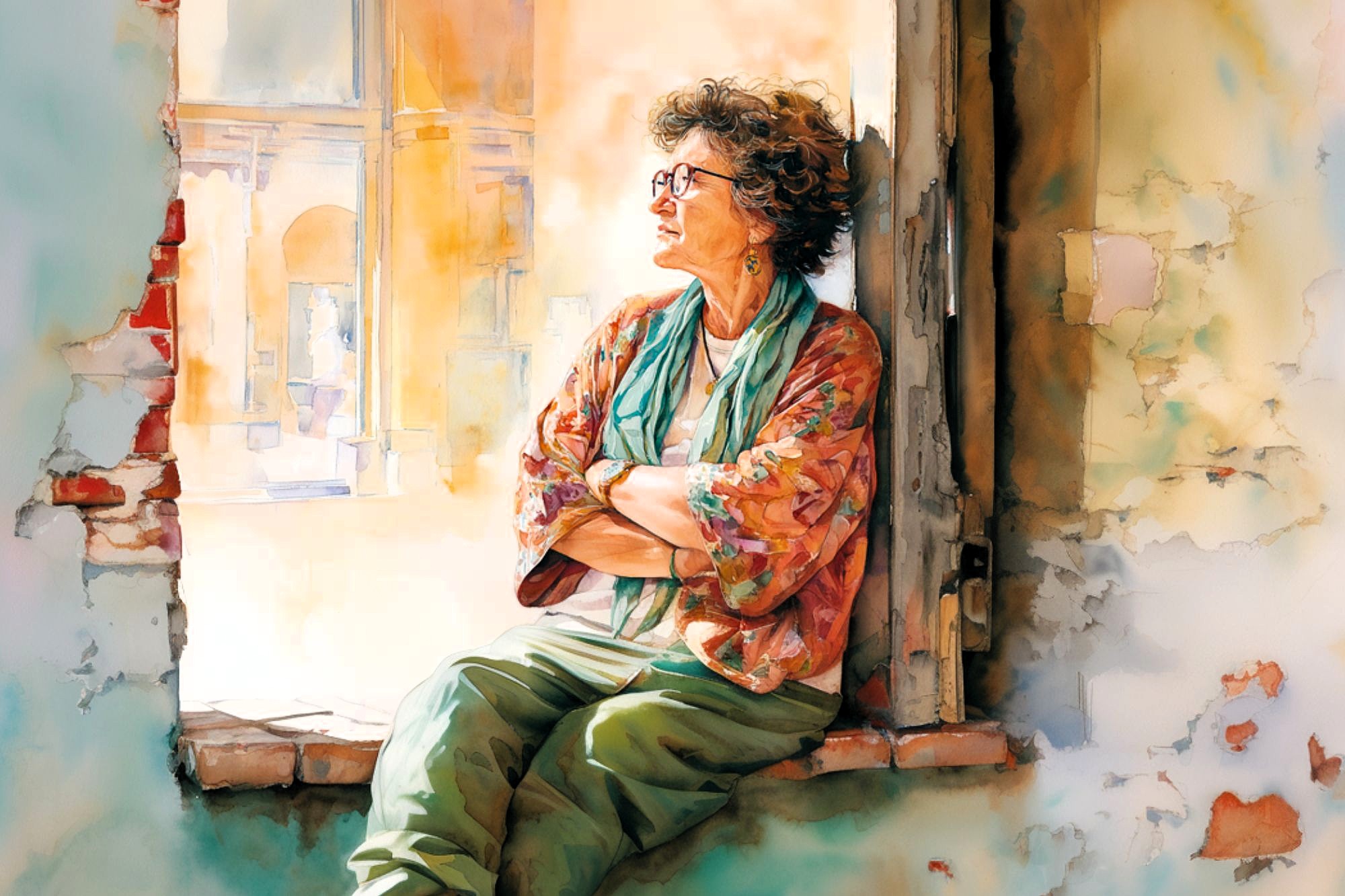An older woman with curly hair and glasses sits on a windowsill, arms crossed, looking outside. She wears a colorful scarf and loose clothes. Sunlight streams through the open window, illuminating her and the faded wall.