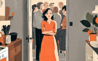 A woman in a red polka-dot dress stands in a kitchen doorway with arms crossed, looking uncertain, while a group of people socializes in the background. The kitchen is cozy with plants and dishes visible.