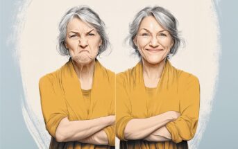 An older woman with gray hair in a yellow top shows two expressions: on the left she looks angry with arms crossed, and on the right she smiles warmly, also with arms crossed.