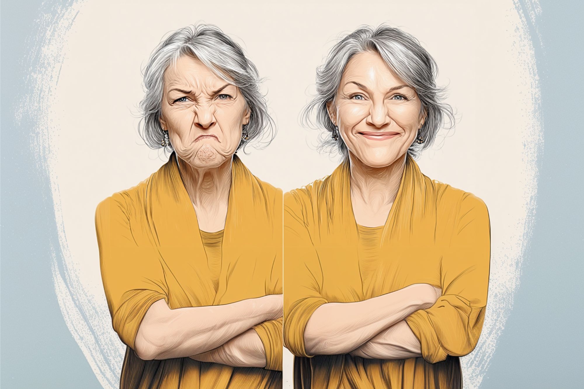 An older woman with gray hair in a yellow top shows two expressions: on the left she looks angry with arms crossed, and on the right she smiles warmly, also with arms crossed.