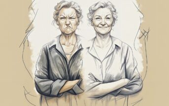 A digitally illustrated older woman with short hair is shown twice: on the left, she looks angry with arms crossed; on the right, she smiles warmly with the same pose. The background is sketched and neutral-toned.
