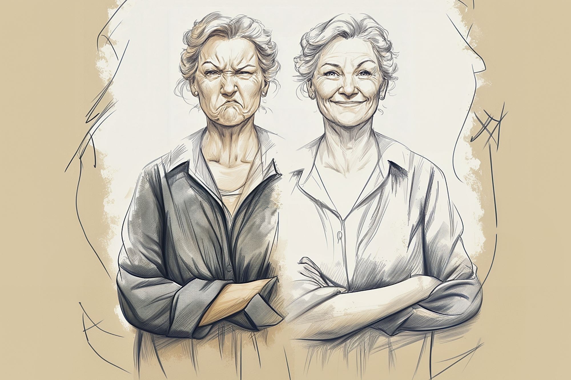 A digitally illustrated older woman with short hair is shown twice: on the left, she looks angry with arms crossed; on the right, she smiles warmly with the same pose. The background is sketched and neutral-toned.