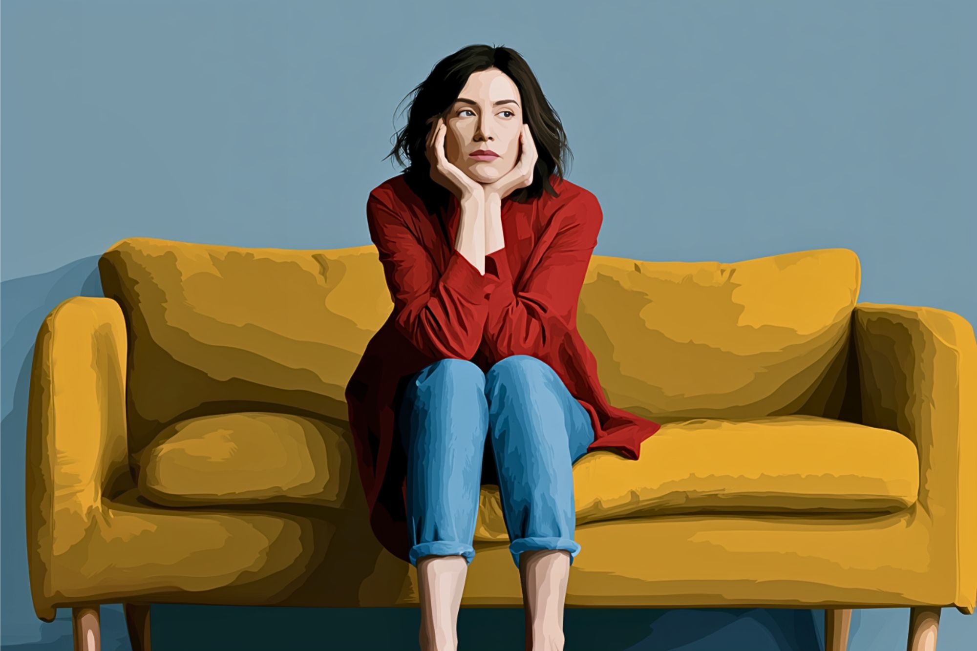 A woman with dark hair, wearing a red shirt and jeans, sits barefoot on a yellow couch with her chin resting on her hands, looking thoughtful against a plain blue wall.