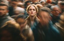 A young woman stands still and looks ahead amid a blurred, moving crowd, creating a sharp focus on her face while the people around her appear in motion.