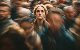 A young woman stands still and looks ahead amid a blurred, moving crowd, creating a sharp focus on her face while the people around her appear in motion.