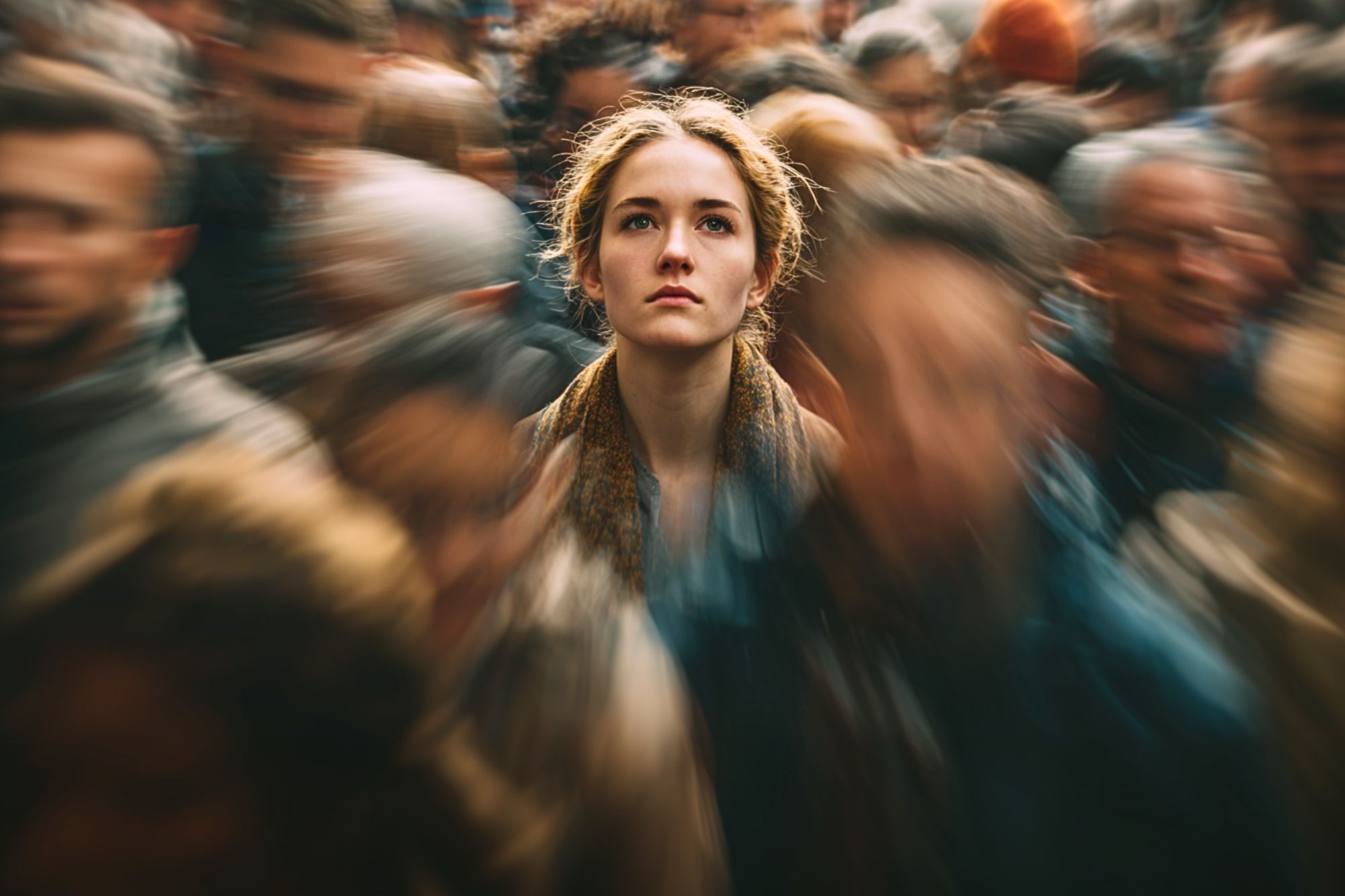 A young woman stands still and looks ahead amid a blurred, moving crowd, creating a sharp focus on her face while the people around her appear in motion.