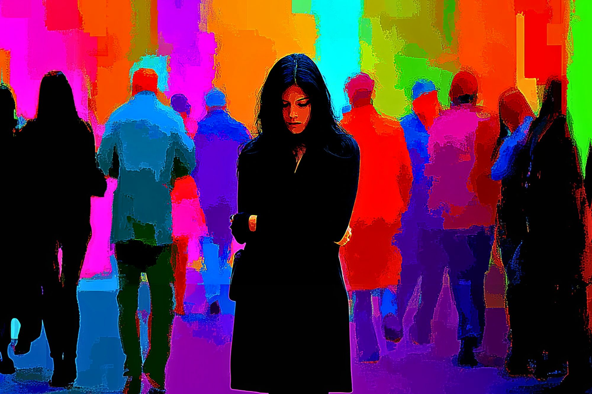 A woman in black stands alone with her arms crossed, looking down, while colorful, blurred figures of people pass by in the vibrant, abstract background.