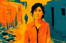 A woman with a worried expression stands in a colorful, abstract street. Behind her, a person walks away amid orange and blue painted buildings, creating an emotional, dramatic atmosphere.