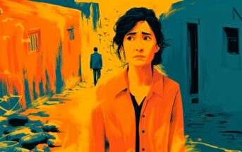 A woman with a worried expression stands in a colorful, abstract street. Behind her, a person walks away amid orange and blue painted buildings, creating an emotional, dramatic atmosphere.